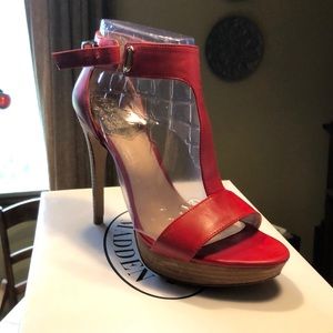 Red stacked heel t strap heels sandals